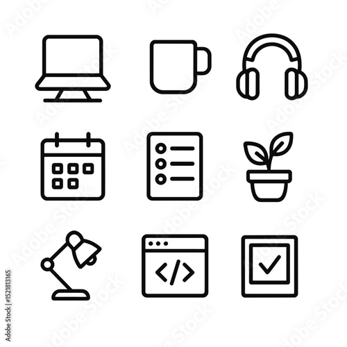 Solo Developer Icons. Outline icon set of solo developer life: laptop stand, coffee mug, headphones, calendar, to-do list, plant