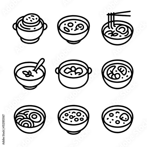 Soup and Stew Icons. Outline icon set of soups and stews: French onion soup, minestrone, pho beef noodle, butternut squash soup,