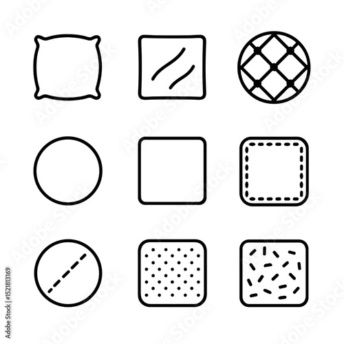 Ottoman Design Icons. Outline icon set of ottoman top design: cushion, fabric, tufted, round, square, leather, stitching, texture,
