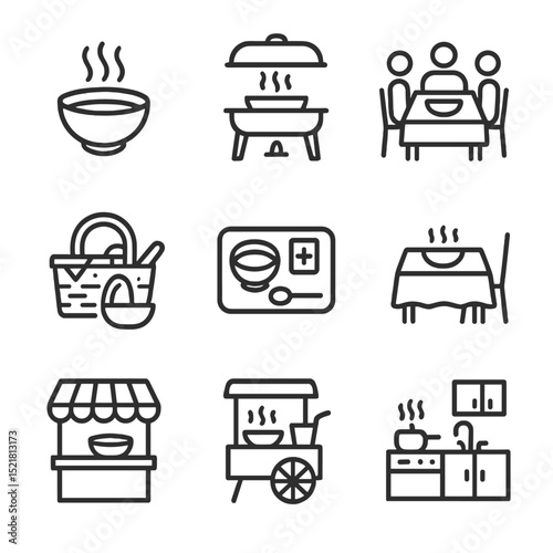 Soup Icon Collection. Outline icon set of soup serving settings: steaming bowl, buffet station, family dinner table, picnic basket