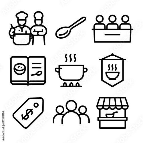 Soup Festival Icon Set. Outline icon set of soup festival activities: cooking competition, tasting spoon, judge’s panel, recipe