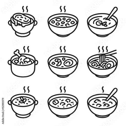 Soup and Stew Icons. Outline icon set of soups and stews: French onion soup, minestrone, pho beef noodle, butternut squash soup,