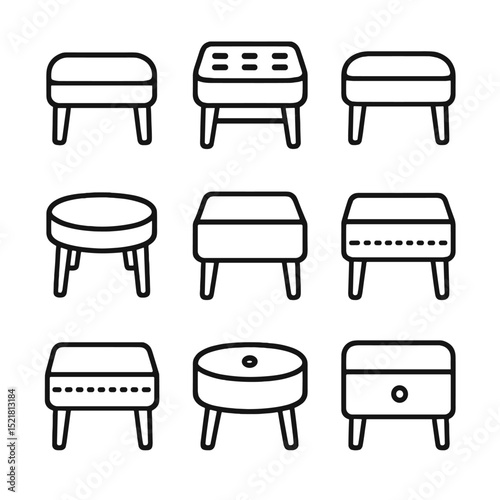 Ottoman Icon Set. Outline icon set of ottoman seating: cushion, tufted, leather, fabric, round, square, stitching, button, home
