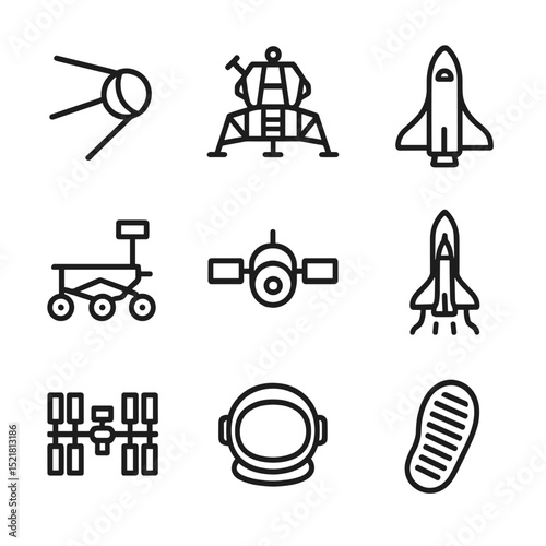 Space Achievement Icons. Outline icon set of space exploration achievements: Sputnik satellite, Apollo lunar module, space shuttle
