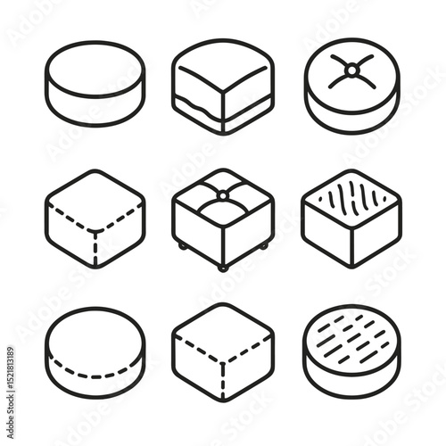 Ottoman Design Icons. Outline icon set of ottoman top design: cushion, fabric, tufted, round, square, leather, stitching, texture,
