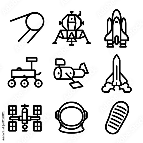 Space Achievement Icons. Outline icon set of space exploration achievements: Sputnik satellite, Apollo lunar module, space shuttle