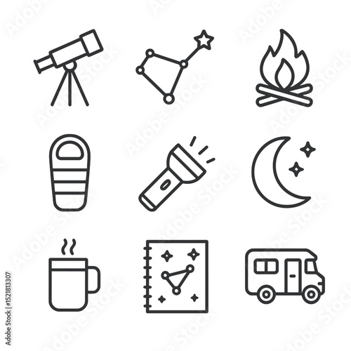 Stargazing Icon Set. Outline icon set of stargazing night camp: telescope, star constellation, campfire, sleeping bag, flashlight,