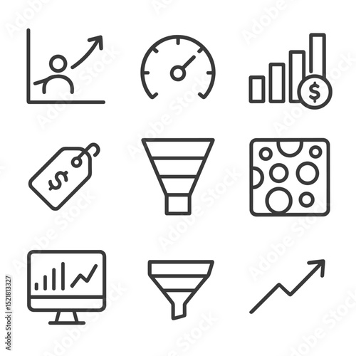 Startup Metrics Icons. Outline icon set of startup metrics and KPIs: user growth curve, churn rate gauge, monthly recurring