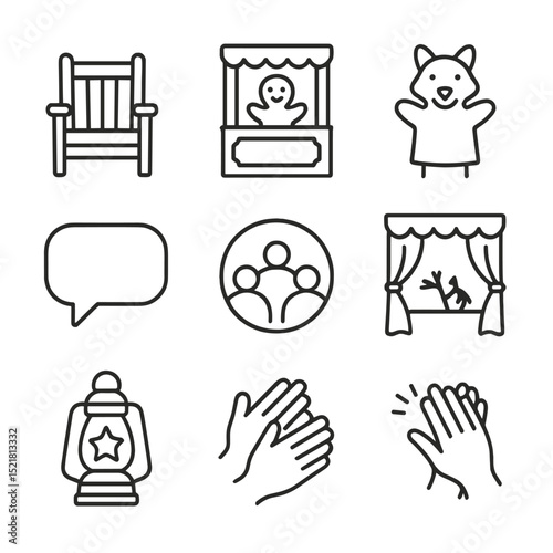 Storytelling Props Icons. Outline icon set of storytelling props: storyteller’s chair, puppet theater, hand puppet, shadow screen,