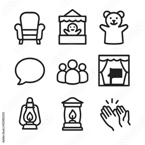 Storytelling Props Icons. Outline icon set of storytelling props: storyteller’s chair, puppet theater, hand puppet, shadow screen,