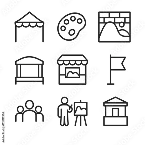 Street Art Festival Icons. Outline icon set of street art festivals: workshop tent, paint palette, mural wall, stage platform,