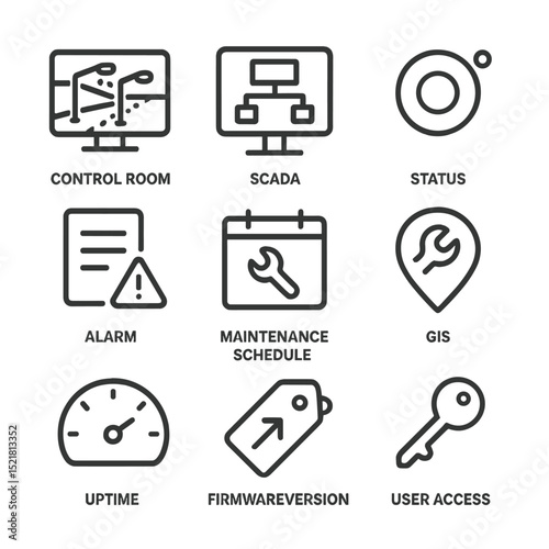 Streetlight Control Icons. Outline icon set of streetlighting control and monitoring: control room screen, SCADA icon, status