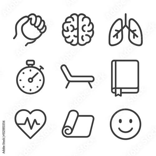 Stress Management Icons. Outline icon set of stress management techniques: stress ball, brain icon, breathing exercise lungs,