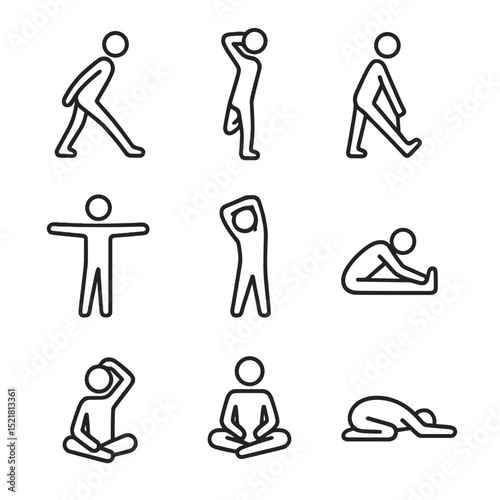 Stretch Exercise Icons. Outline icon set of cool-down stretches: hamstring stretch, quad stretch, calf stretch, chest opener,