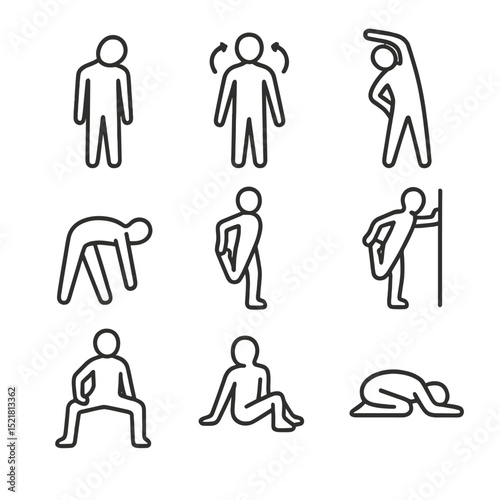 Stretch Routine Icons. Outline icon set of full body stretching routines: neck tilt, shoulder roll, side bend, hamstring stretch,