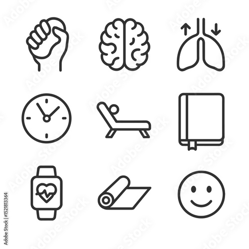 Stress Management Icons. Outline icon set of stress management techniques: stress ball, brain icon, breathing exercise lungs,