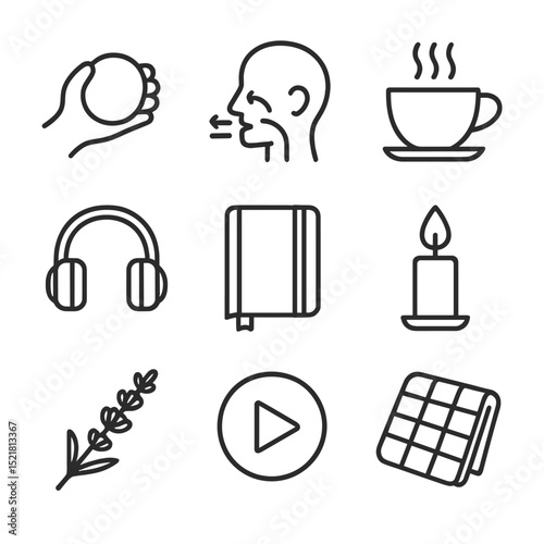 Stress Management Icons. Outline icon set of stress management tools: stress ball, breathing technique diagram, calming tea cup,