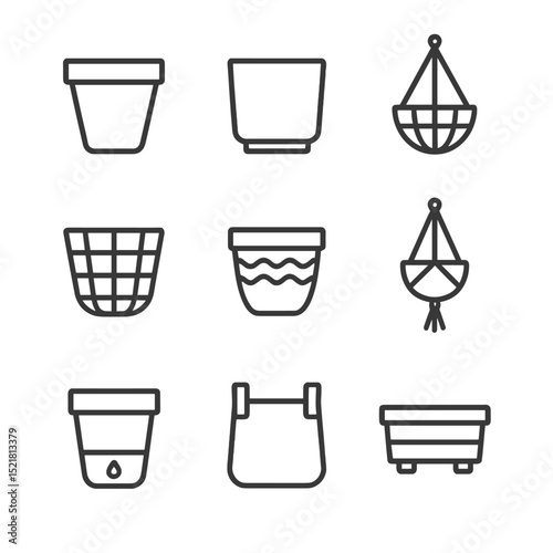 Stylish Planter Icons. Outline icon set of pot and planter styles: terracotta pot, ceramic planter, hanging basket, wire basket,
