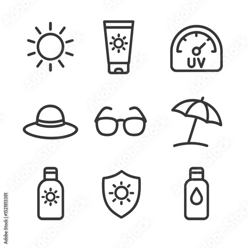 Sun Protection Icons. Outline icon set of sun protection essentials: sun icon, SPF cream tube, UV index meter, wide-brim hat,