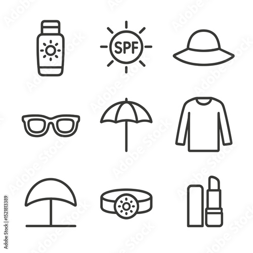 Sun Protection Icons. Outline icon set of sun protection products: sunscreen lotion, SPF label, sun hat, sunglasses, parasol,