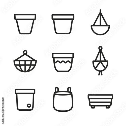 Stylish Planter Icons. Outline icon set of pot and planter styles: terracotta pot, ceramic planter, hanging basket, wire basket,