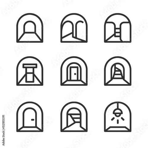 Subterranean Tunnel Icons. Outline icon set of subterranean tunnel systems: main corridor, side passage, junction, support beam,