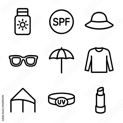 Sun Protection Icons. Outline icon set of sun protection products: sunscreen lotion, SPF label, sun hat, sunglasses, parasol,