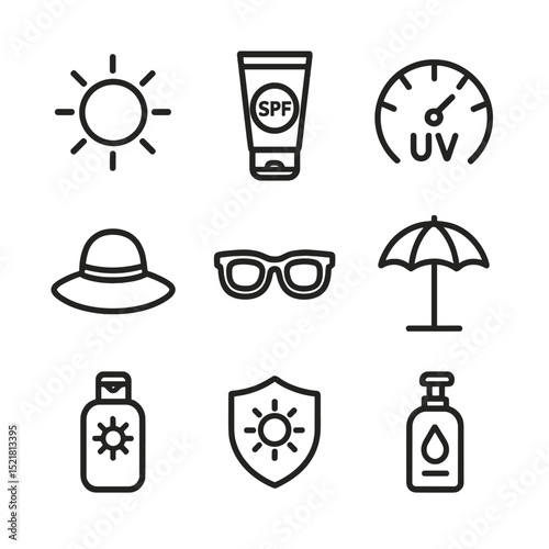 Sun Protection Icons. Outline icon set of sun protection essentials: sun icon, SPF cream tube, UV index meter, wide-brim hat,