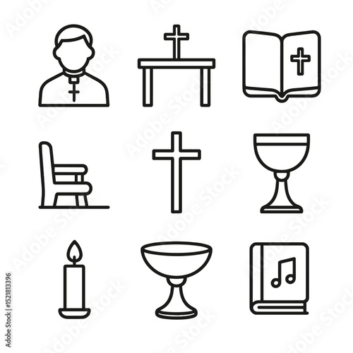 Sunday Service Icons. Outline icon set of Sunday service gathering: priest, altar, bible, pew, cross, chalice, baptismal font,