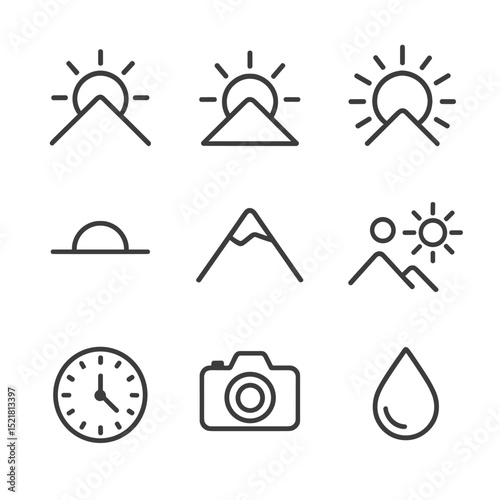Sunrise and Sunset Icons. Outline icon set of sunrise and sunset on peaks: rising sun, setting sun, sun rays, color gradient sky,