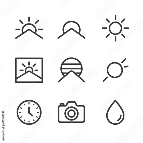 Sunrise and Sunset Icons. Outline icon set of sunrise and sunset on peaks: rising sun, setting sun, sun rays, color gradient sky,