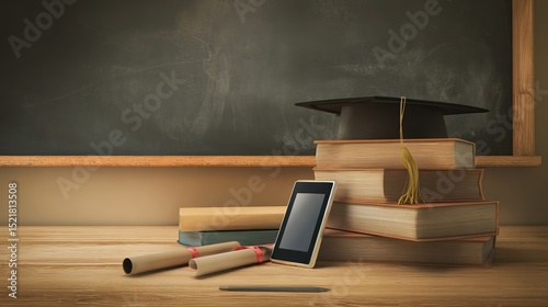 A collection of educational materials including several stacked books, a graduation cap, an electronic tablet, and rolled scrolls on a wooden table next to a chalkboard backdrop