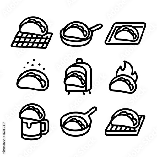 Taco Cooking Icons. Outline icon set of taco cooking methods: grilling grate, frying pan, baking sheet, blackening spice, smoking