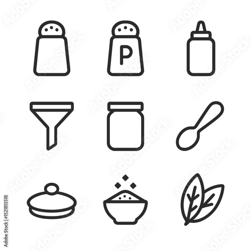 Table Condiment Icons. Outline icon set of table condiments: salt, pepper shaker, seasoning, funnel, jar, spoon, kitchen, lid,