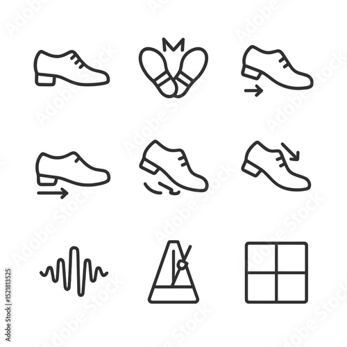 Tap Dance Icon Set. Outline icon set of tap dance steps: tap shoe, heel click, toe tap, flap stroke, shuffle beat, time step,