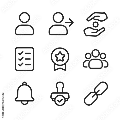 Task Delegation Icons. Outline icon set of task delegation: user silhouette, arrow to user, hand-off icon, checklist, role badge,