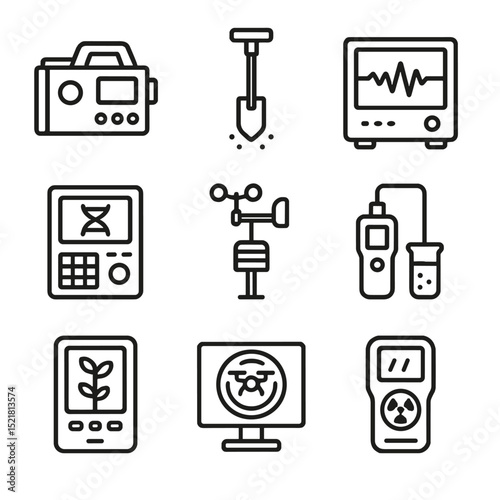 Terra Nova Instruments Icons. Outline icon set of Terra Nova scientific instruments: spectrometer, soil sampler, seismic monitor,