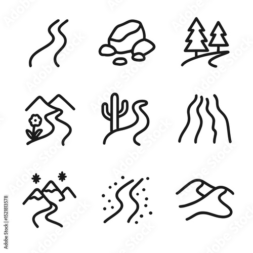 Terrain Icons Outline. Outline icon set of terrain types: dirt singletrack, rocky slab, forest path, alpine meadow, desert wash,