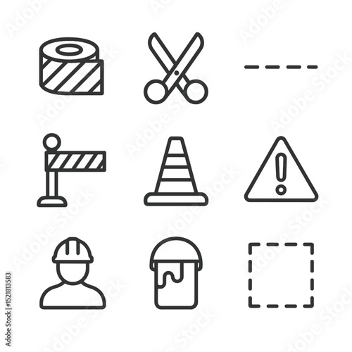 Temporary Work Icons. Outline icon set of temporary work area tapes: hazard tape roll, scissor icon, floor cut line, barrier post,