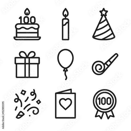 100th Birthday Icons. Outline icon set of hundredth birthday party: birthday cake, candle, party hat, gift box, balloon, party