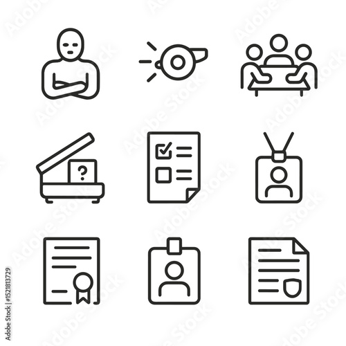 Training Icons Grid. Outline icon set of training and drills: CPR mannequin, fire drill whistle, tabletop exercise, scanner quiz,