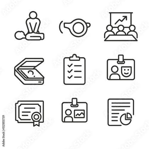 Training Icons Grid. Outline icon set of training and drills: CPR mannequin, fire drill whistle, tabletop exercise, scanner quiz,
