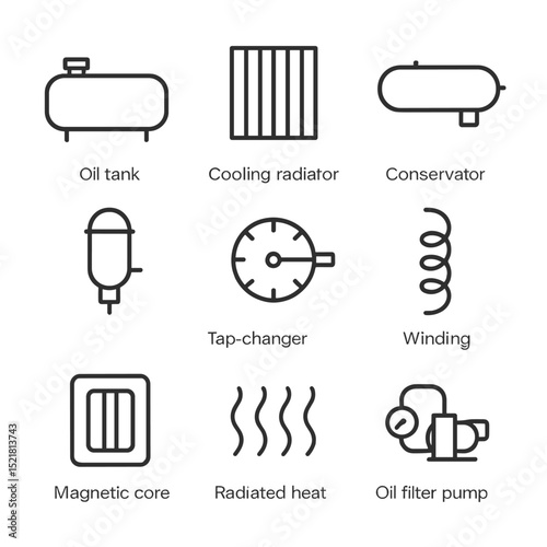 Transformer Station Icons. Outline icon set of transformer station components: oil tank, cooling radiator, conservator, Buchholz