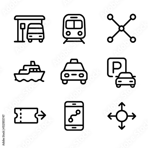Transport Integration Icons. Outline icon set of multimodal transport integration: bus stop, train icon, metro map, ferry
