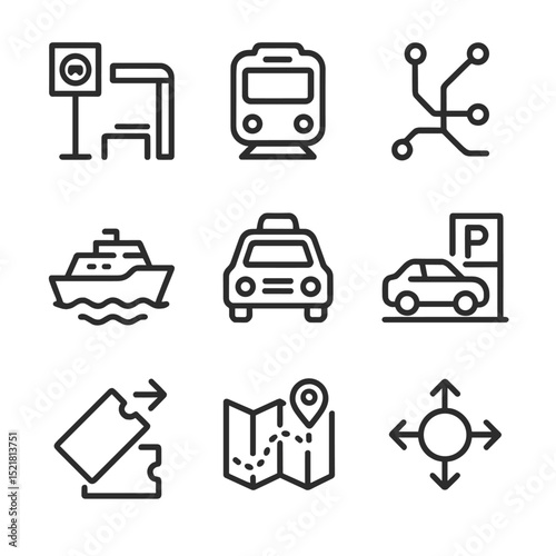 Transport Integration Icons. Outline icon set of multimodal transport integration: bus stop, train icon, metro map, ferry