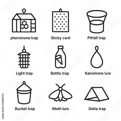 Trap Icon Set. Outline icon set of traps and lures: pheromone trap, sticky card, pitfall trap, light trap, bottle trap, kairomone