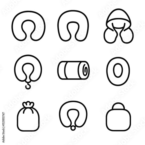 Travel Pillow Icons. Outline icon set of travel pillows: inflatable ring, microbead pouch, hooded neck pillow, clip-on hook,