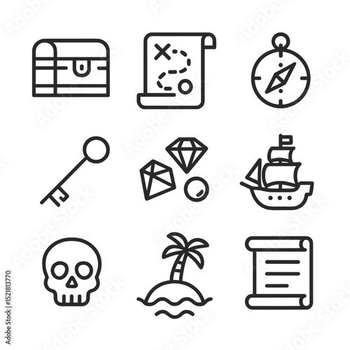 Treasure Icon Collection. Outline icon set of hidden treasure: treasure chest, map, compass, key, jewels, pirate ship, skull,