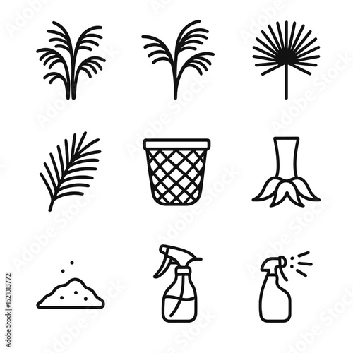 Tropical Palm Icon Set. Outline icon set of tropical palm partitions: parlor palm, kentia palm, areca frond, fan palm,