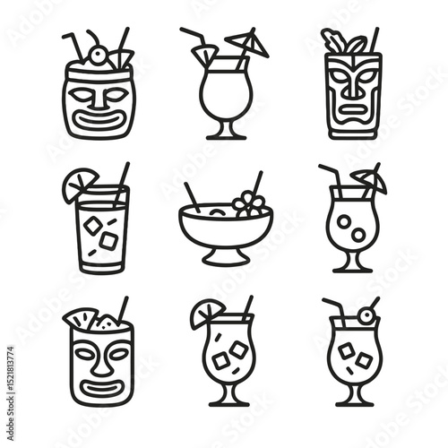 Tropical Tiki Drinks Icons. Outline icon set of tropical tiki drinks: Mai Tai, Piña Colada, Zombie, Planter’s Punch, Blue Hawaiian